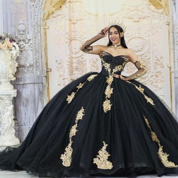 Abiti in pizzo nero oro tulle abiti quinceanera abito da ballo manica a tre quarti dolce 16 abiti da ballo di fine anno abiti quince s