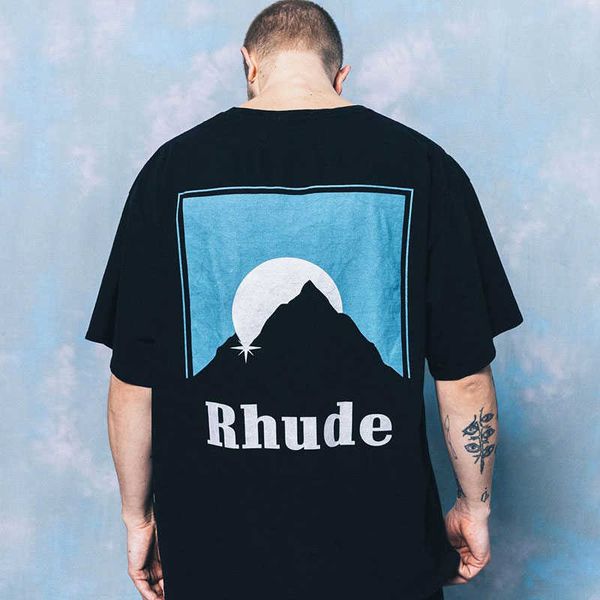 Tasarımcı Moda Giyim Tee Tişörtleri Rhude Klasik Günbatımı Tema Baskı Gevşek Kısa Kollu Yüksek Sokak Unisex Gündelik Spor T-shirt Trend Pamuk Streetwear Tops