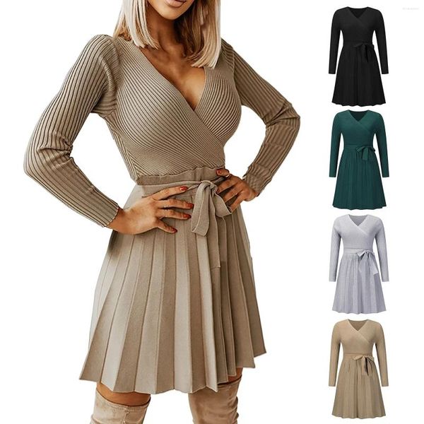 Freizeitkleider Damen Einfarbig Lose Langärmelig Sexy V-Ausschnitt Kurz A-Linie Pullover Kleid Pullover Damen Für Den Winter