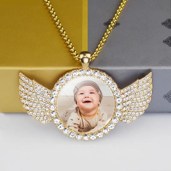 Pendentif colliers Personnalisé bébé Po ailes d'ange pendentif avec longue chaîne strass collier personnalisé dôme en verre photo personnalisé bijoux 231121