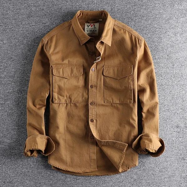 Herren-Freizeithemden, Retro-Langarm-Frachthemd, Herren, Frühling, Segeltuch, Baumwolle, Militäruniform, leichte Arbeit, Safari-Oberteil, Outwear-Jacke