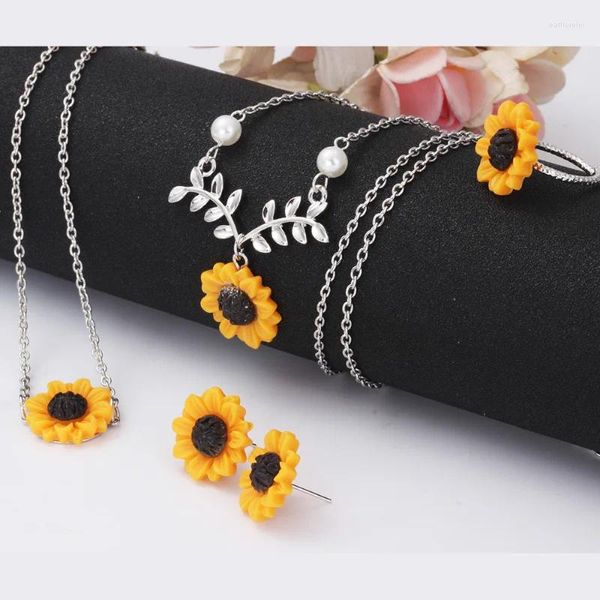 Colar brincos conjunto feehow doce romântico girassol para mulheres amarelo pulseira anel verão acessórios florais