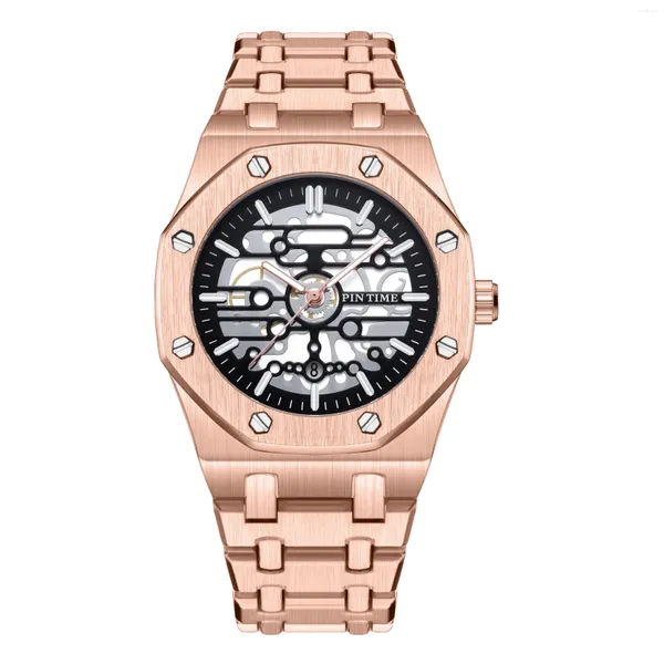 Armbanduhren Großhandel Männer Mode Uhr Edelstahl Skeleton Zifferblatt Quarz Armbanduhr Auto Datum Leuchtende Wasserdichte Uhr