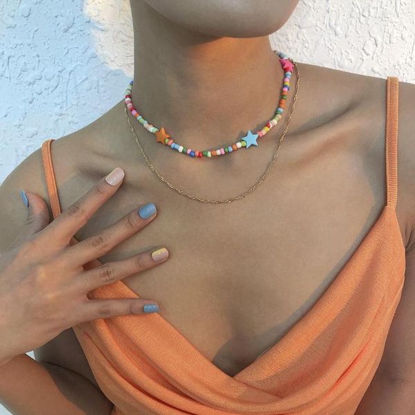 Цепи Lalynnly Sweet Double Layer Bohemia Star Star Rice Bead Collese for Women Fashion Beadered Jewelry Gist Подарок оптом N9219