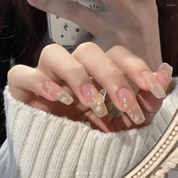 Unhas falsas 24 pcs wearable em falso com cola de geléia borboleta adorável diamante brilhante para menina estilo coreano design