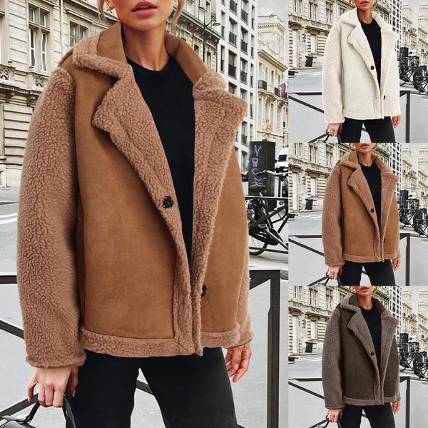 Jaquetas femininas Mulheres 2023 Inverno Moda Casacos Lapela Jaqueta de Lã Manga Longa Bolsos Faux Dressy Outono Roupas Femininas Mulheres Tops Knit