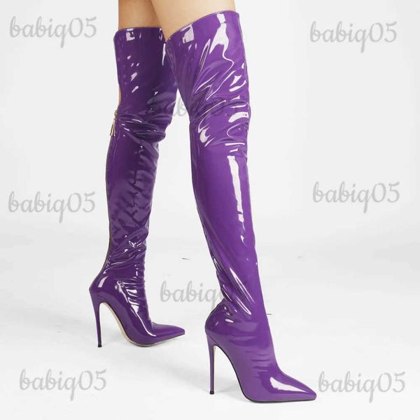 Сапоги, модные женские сапоги выше колена из лакированной кожи, длинные сапоги с молнией сзади, женские сексуальные туфли на высоком каблуке с острым носком, Sapatos Femininos T231121