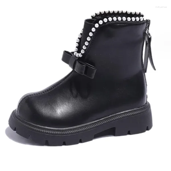 Botas 2023 outono / inverno quente pérola corrente meninas princesa estilo britânico pu couro zip macio antiderrapante crianças tornozelo preto