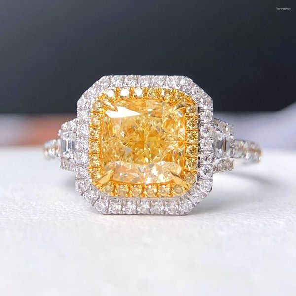 Cluster Anéis Natureza Diamantes Amarelos 2.00ct Sólido 18K Ouro Feminino Noivado de Casamento para Mulheres
