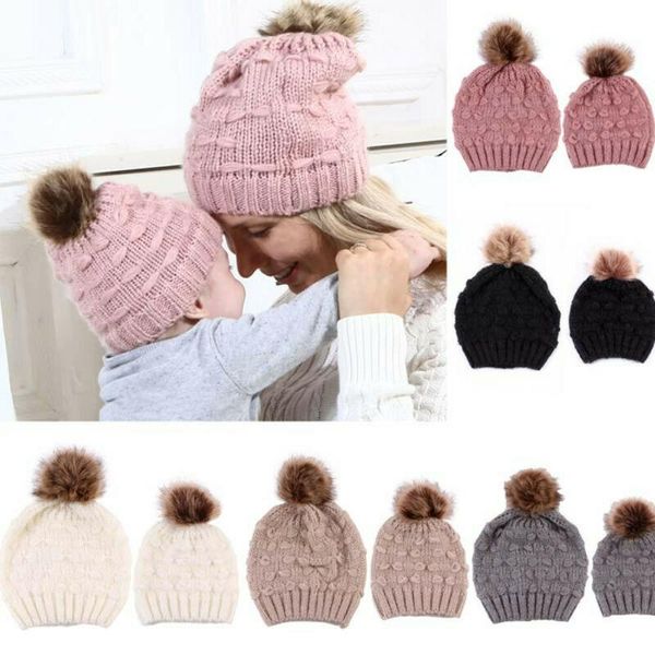 Berretti 2 pezzi set cappello per mamma e bambino casual caldo pom bambino neonato berretto per bambina lavorato a maglia berretto carino per donna/teschio