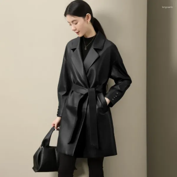 Trench da donna Cappotto in pelle nera Giacca a vento media e lunga Super Cool