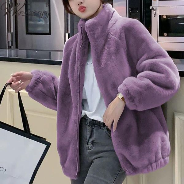 Giacca invernale da donna in pelliccia casual con colletto alla coreana, cappotto in finto solido da donna, cerniera vintage oversize, cardigan spessi in peluche, capispalla taglie forti