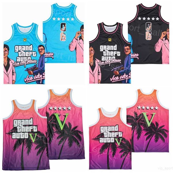 Moive Basketball Film Grand Theft Auto Trikots Vice City Rockstar Games Blau Rosa Weiß Schwarz All Stitched Team Schwarz Blau Rot College Pullover Retro Für Sportfans