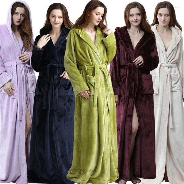 Mulheres sleepwear mulheres inverno extra longo com capuz quente flanela roupão plus size grosso coral velo banho robe tornozelo comprimento robes homens