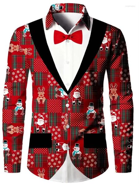 Мужские классические рубашки Костюм Рубашка на пуговицах с лацканами с модным стилем Белая красная строчка HD с узором Рождественская вечеринка Топ размера плюс 2024