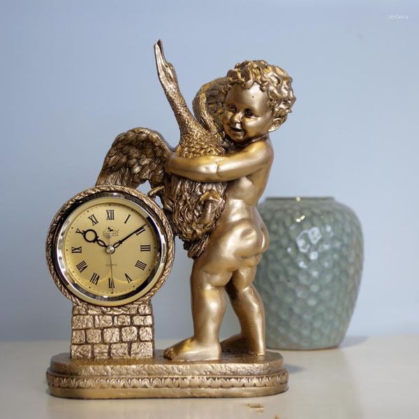 Orologi da tavolo Angelo europeo Campana Arte classica Soggiorno Camera da letto Silenzioso Cupido Bit Boy Studio in resina Orologio da tavolo da ufficio Regali