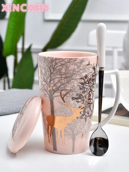 Tassen XINCHEN Weihnachten Hirsch Tasse Ins Rosa Mädchen Herz Keramik Tasse Nordic Paar Wasser Kaffee mit Deckel Löffel 231121