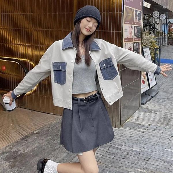 Chaquetas de mujer Chaqueta de cuero de PU Mujeres Corea Streetwear Primavera y otoño Moda Empalmado Bolsillo Solapa Diseño Corto Pequeño Abrigo delgado