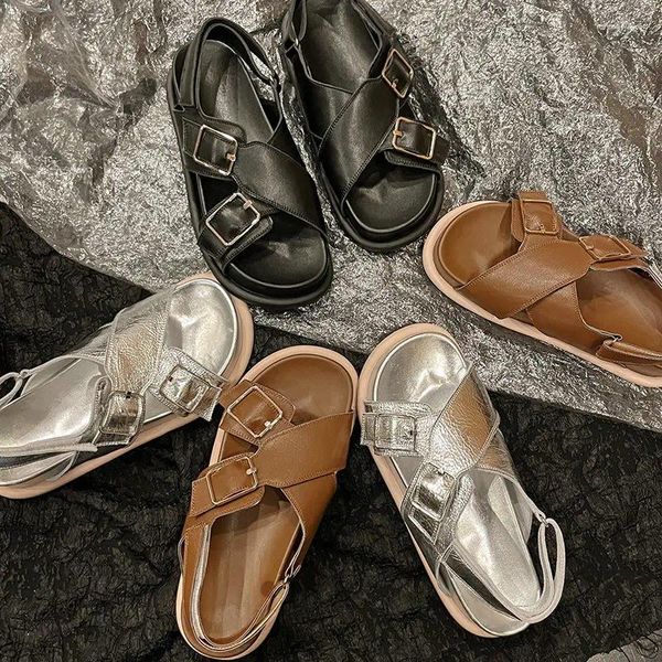 Sandalen Spaltleder Große Schnalle Kreuzriemen Offener Zeh Berufung Urlaub Damen Flache Schuhe Fischer Silber Flip Flops Strand flach