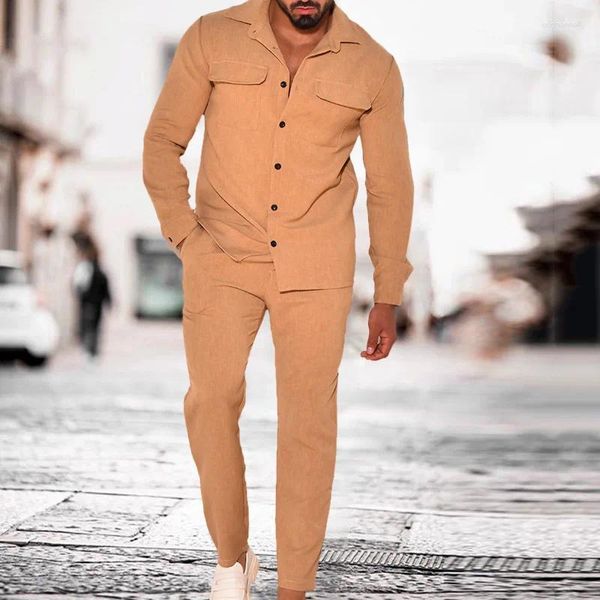 Tute da uomo 2023 Casual velluto a coste di cotone Set di lusso tinta unita tasca camicia a maniche lunghe pantaloni giacca 2 pezzi vestito per il tempo libero autunno