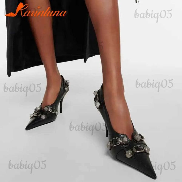 Sapatos de vestido Brand New Dropship 2023 Verão Sexy Mulheres Mules Bomba Sandálias 7cm Fino Salto Alto Tamanho Grande 43 Open Sole Moto Biker Shoes T231121