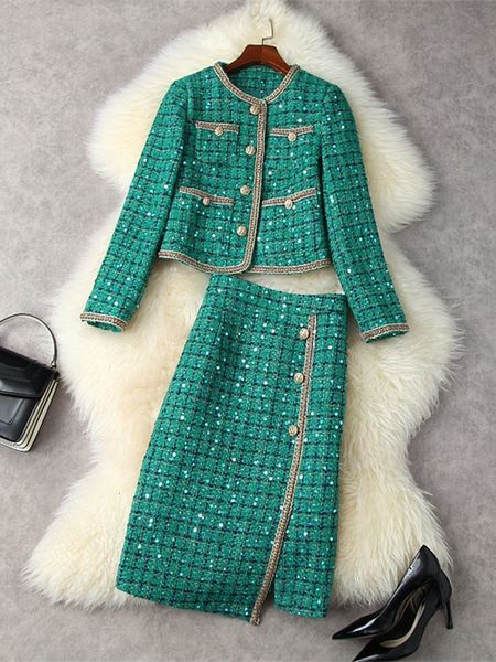 Vestido de duas peças outono de shaia de tweed de inverno conjunto feminino feminino lençóal lantejoulas de capa de lã de gabinete de lã de gabinete de lã