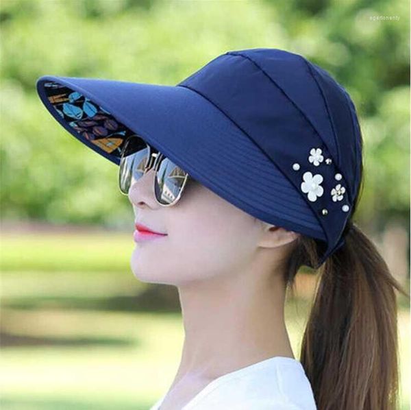 Chapéus de aba larga Ylwhj Brand feminino Summer Sun Pearl Packable Visor Hat com Big Heads Beach UV Protection Cap Eger22