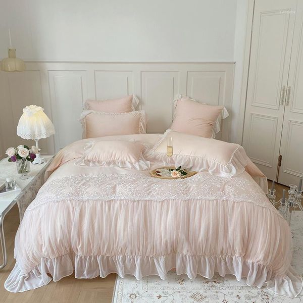 Bedding Sets Rosa escovado conjunto de algodão de renda confortável Tampa de edredão com tampas de quadras de lençolas Pounhas de cama de cama para meninas kit