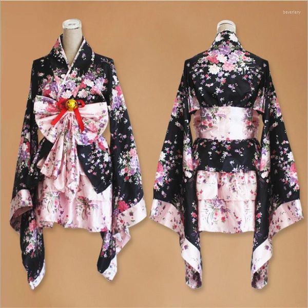 Abbigliamento etnico Kimono da donna in stile giapponese Sakura stampato Lolita Gonne corte rosa Cameriera Costume cosplay anime Geisha Performing Fancy