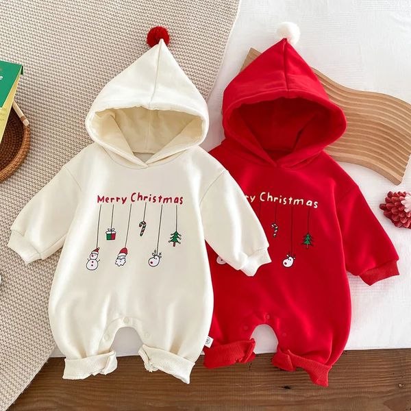 Macacões Traje de Natal Infantil Bebê Meninos Meninas Macacão Com Capuz Impressão Dos Desenhos Animados Pelúcia Engrossar Romper Ano Crianças Roupas 231120