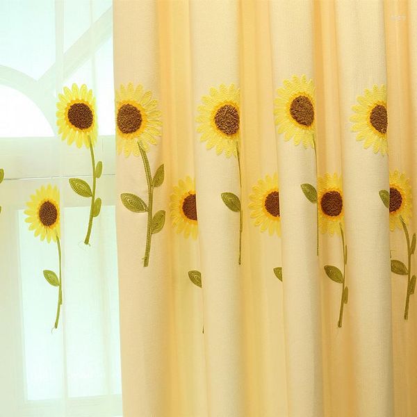 Vorhang 2023 Stil Samt Leinenvorhänge Sonnenblume Fenster Sheer Tüll bestickt für Wohnzimmer Schlafzimmer