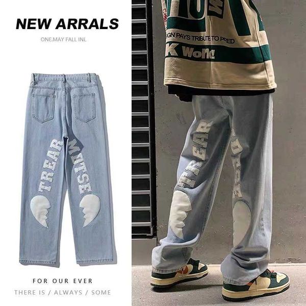 Jeans da uomo 2022 Inghilterra stile cuore lettera ricamo streetwear uomo hip hop jeans pantaloni vintage pantaloni di jeans dritti Pantalones Hombre J230420