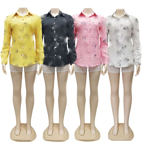 Blouses de impressão de cartas de moda para mulheres de manga longa Botões de cardigã Chiffon Camisetas de marca casual de cor natural