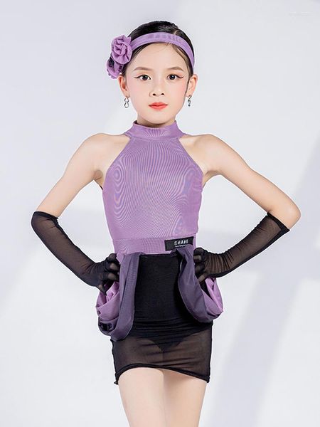 Stage Wear 2023 Girls Latin Dance Competition Dress Kids Ballroom Performance Clothes Abito viola Cha Prom Costume DNV17647