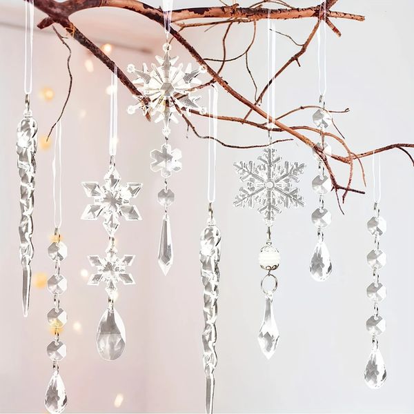 Decorações de Natal 10 pcs árvore decorativa pingente de cristal acrílico floco de neve icicle fontes de festa de inverno 231120