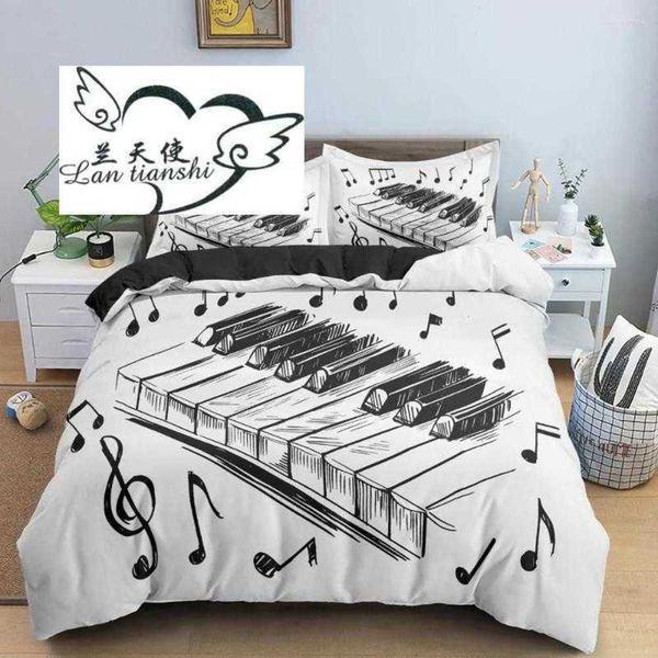 Постилочные наборы постельных принадлежностей наборы для фортепиано музыки король королева одеял по обложку музыкальной ноты, установленные для детей подростки, черно -белые клавиши 2/3pcs стеганое одеяло