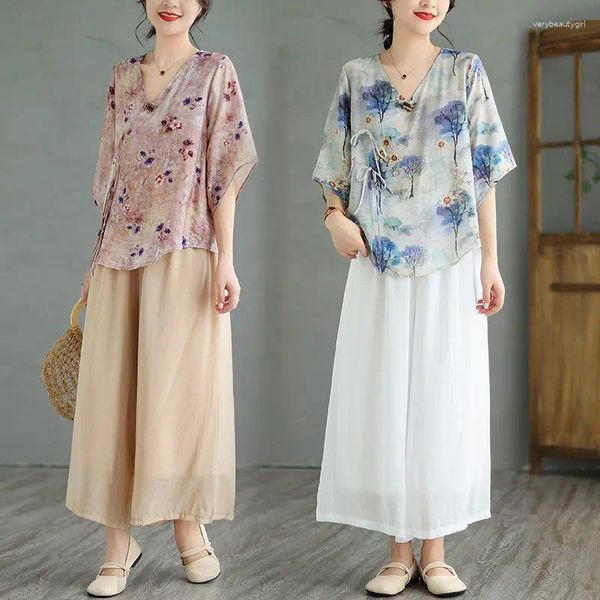 Frauen Zweiteilige Hosen Chinesischen Stil Kleidung 2023 Sommer Ethnische Lose Anzug Retro Literatur Verbesserte Hanfu Qipao Top Set Z2114