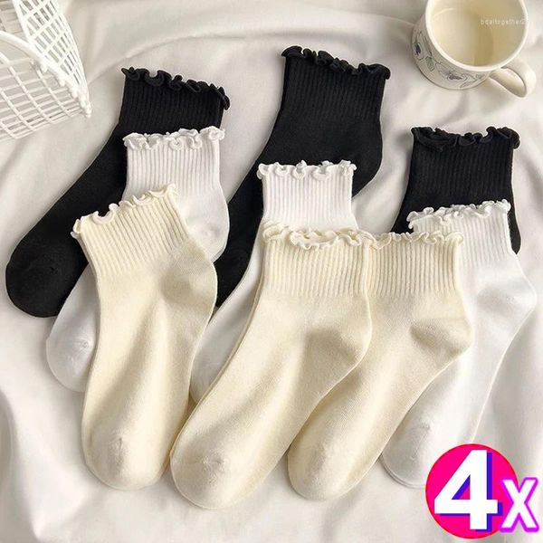 Meias femininas 2 pares de algodão babados tornozelo ins verão bonito kawaii coreano meia menina primavera preto branco tubo médio japonês sox