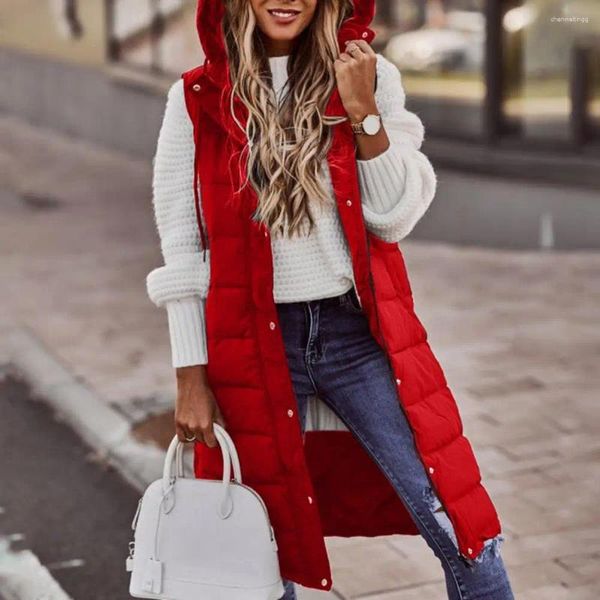 Damenwesten Mittellange Baumwolljacke Stilvolle Winterweste Mantel Gepolsterte Kapuze Slim Fit mit Reißverschlusstaschen am Saum A Modisch