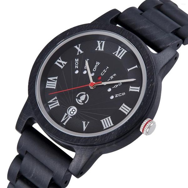 Armbanduhren Schwarz Ahornholzmaserung Wacth Mode Retro Multifunktionale Herren Quarz Armbanduhr Datum Woche Holz Handgelenk Wacthes Männer Uhr