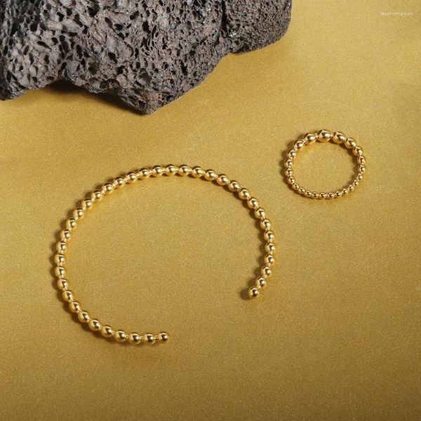 Collana Orecchini Set Gioielli Bracciale aperto per uomo Donna Bracciale con perline a sfera Anello Texture Colore oro Acciaio inossidabile impermeabile