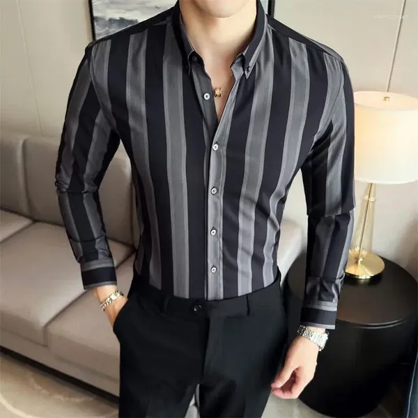 Freizeithemden für Herren, Camisas De Hombre, britischer Stil, langärmelig, gestreift, für Herren, Kleidung, Business, formelle Kleidung, Slim Fit, Abschlussball, Smoking, 4XL