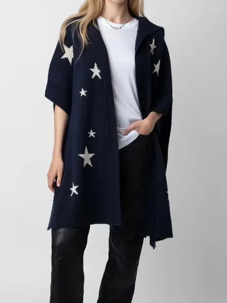 Camisola de caxemira feminina com capuz manga morcego solta 2023 outono inverno feminino estrela jacquard design manto malha cardigan