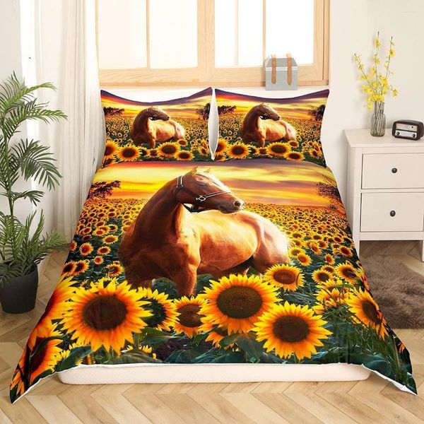 Bedding Sets Brown Horse Horse Duvet Conjunto de tamanho duplo para crianças Decoração de quarto adulto Girassol moderno com pôr do sol