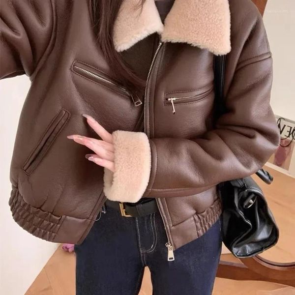Jaqueta de couro feminina de couro pu, jaqueta curta de pele pu americana vintage, manga comprida, gola virada para baixo, casacos curtos harajuku femininos