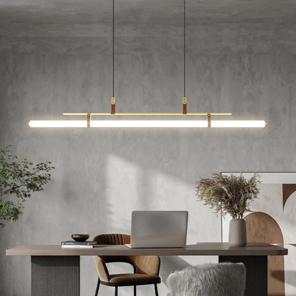 Lampadario Lampada a sospensione moderna a tubo lungo per tavolo da cucina Sala da pranzo Ufficio Cafe Lampade a sospensione in pelle oro nero