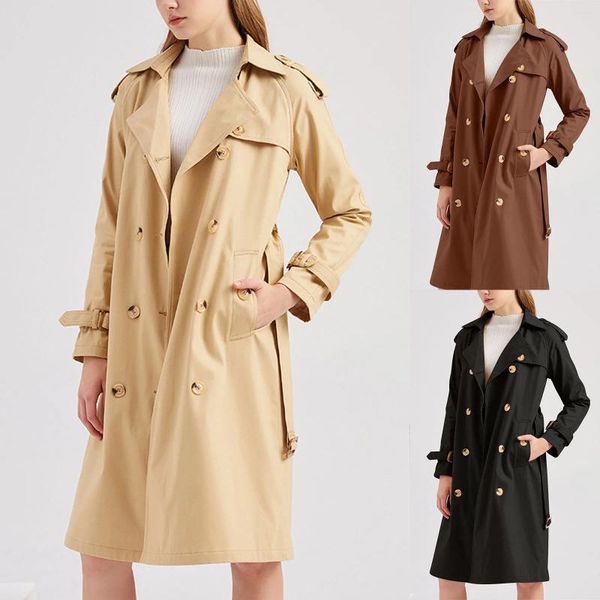 Damen-Trenchcoats, einfarbig, Revers, geknöpft, lange Ärmel, Regenjacke, Windjacke, Damenmantel der Marke