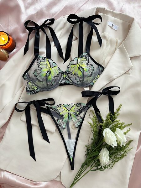 Schmetterlings-Dessous-Set, ausgefallene Spitze, zarte Unterwäsche, Feenstickerei, transparente exotische Sets, Schleife, Bilizna, heiße Mädchen-Unterwäsche