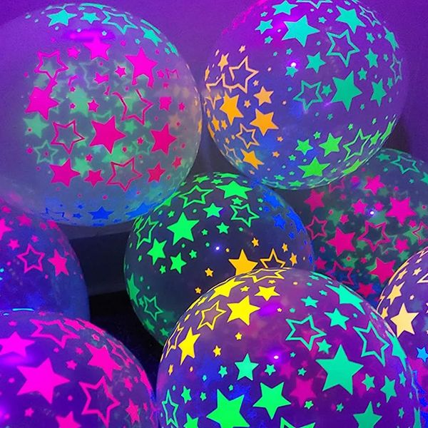 Weihnachtsdekorationen, 10 transparente Latexballons, Neon-UV-Schwarzlicht-reaktive Sternballons, Sterne, Punkte, Geburtstagsfeier, 231120