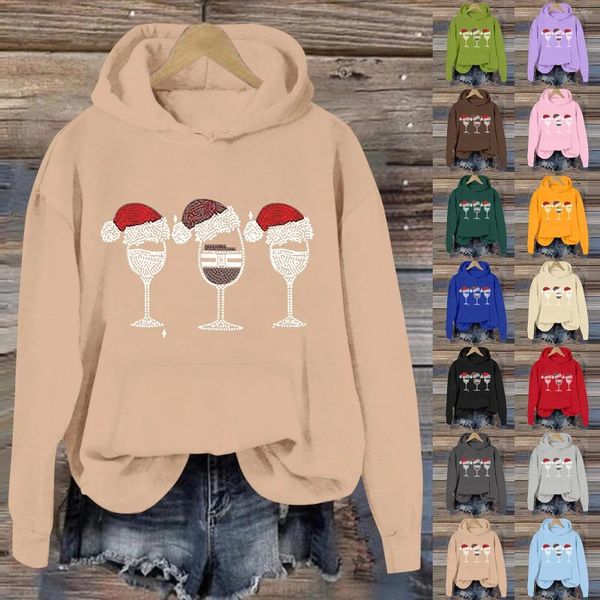 Hoodies femininos de manga comprida sem zíper frontal chapéu de natal copo de vinho tinto impresso com capuz túnica suéteres manga de bolso